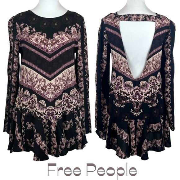 Free People Black Burgundy Boho Hippie Festival Cut Out Mini Dress NWOT Size S - Picture 2 of 12